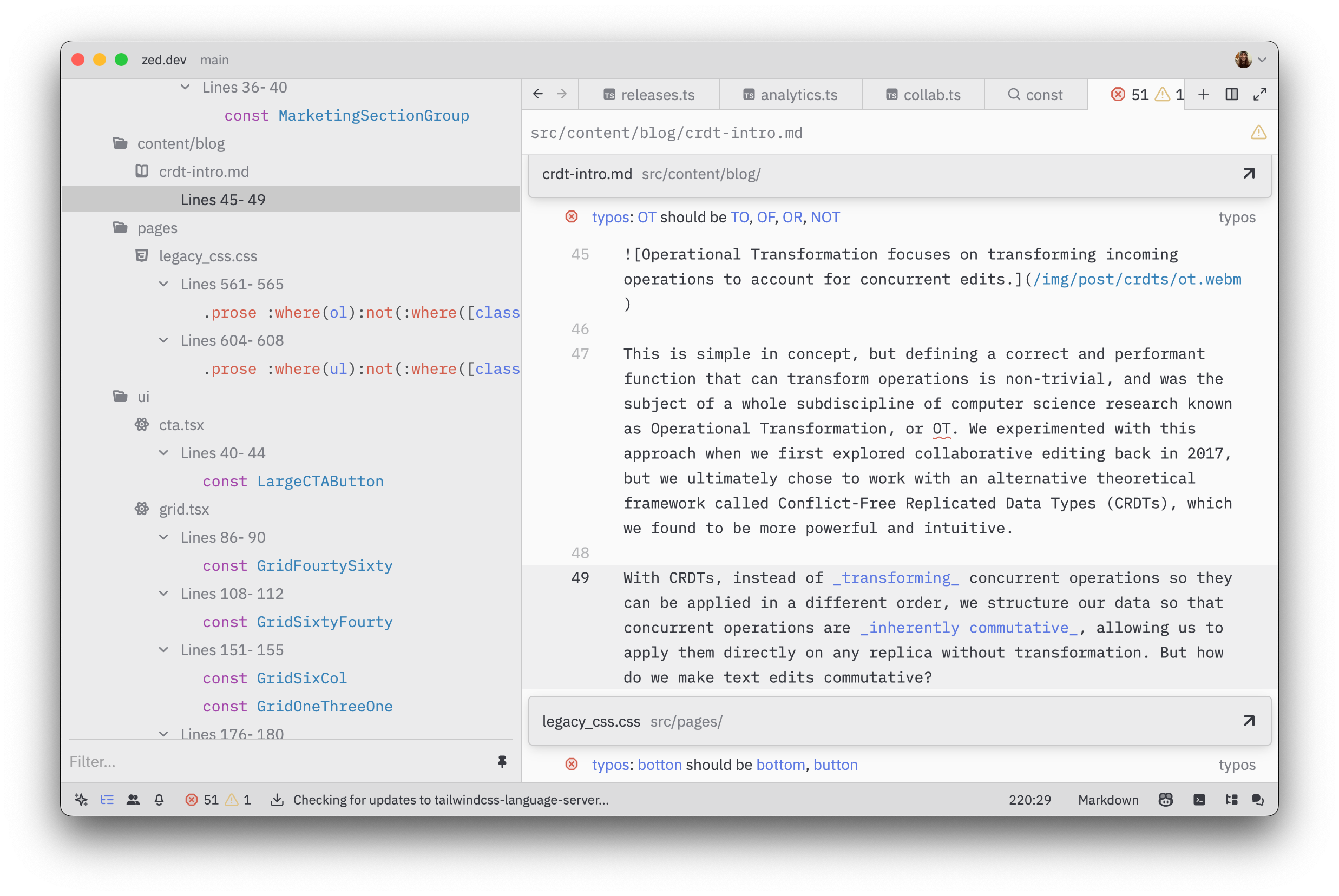 Using the outline panel while viewing project diagnostics multi-buffer