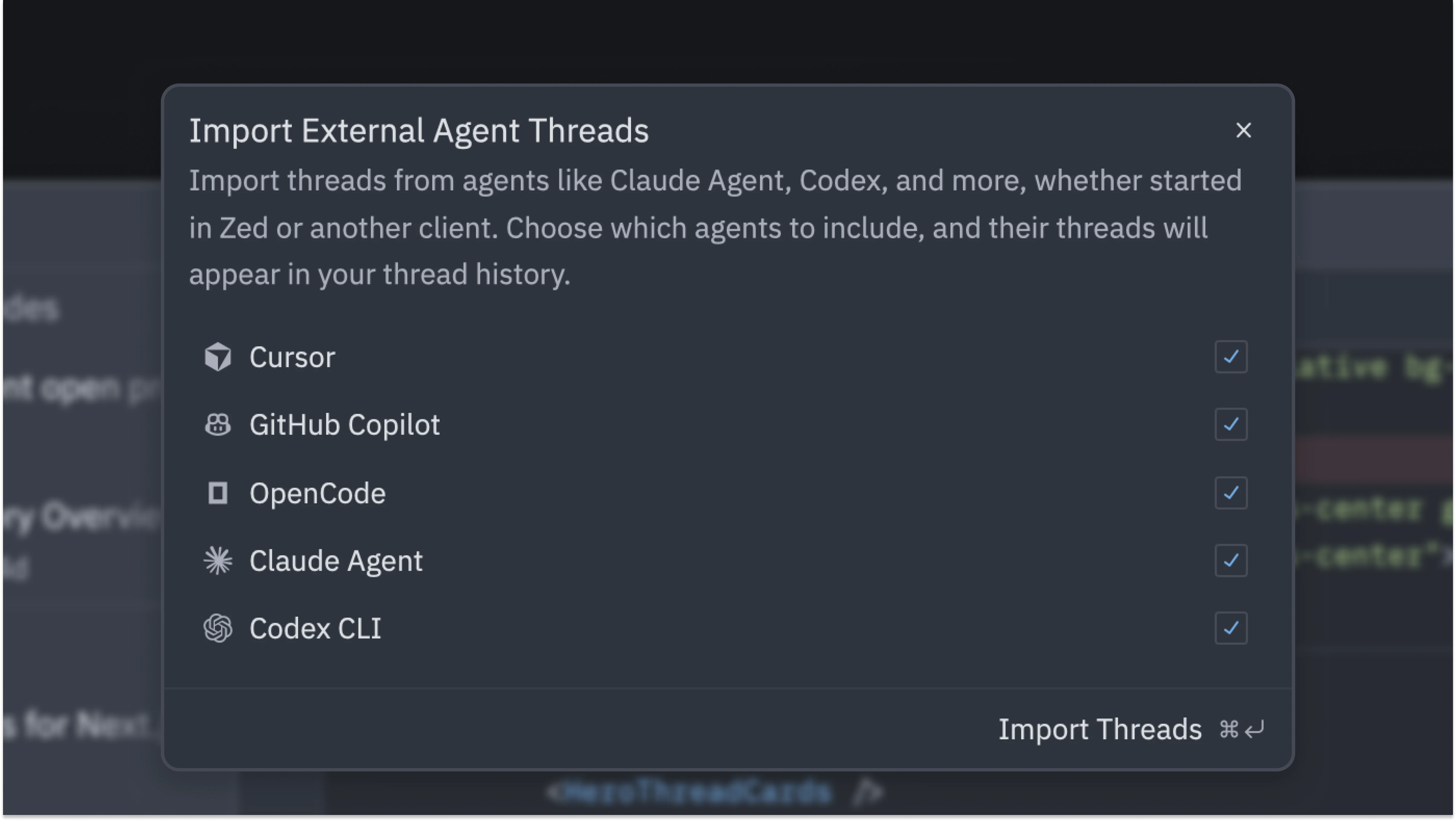 Import external agent threads