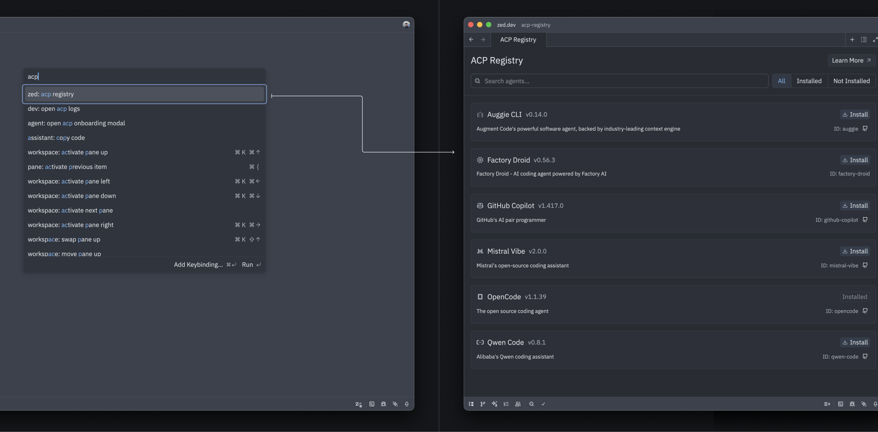 Opening the ACP registry page in Zed.