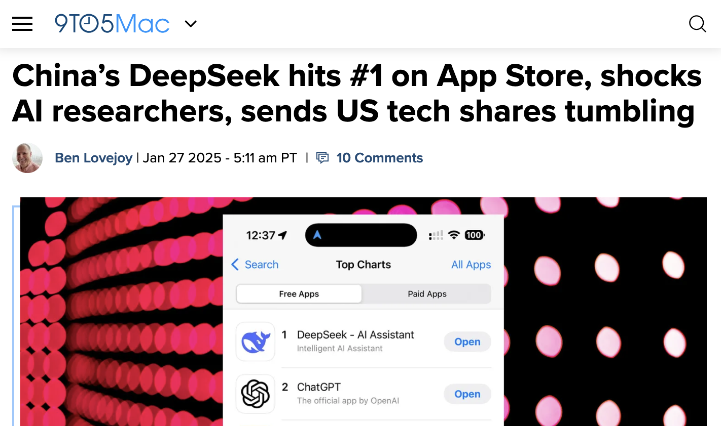 9to5 Mac headline: "China’s DeepSeek hits #1 on App Store, shocks AI researchers, sends US tech shares tumbling"