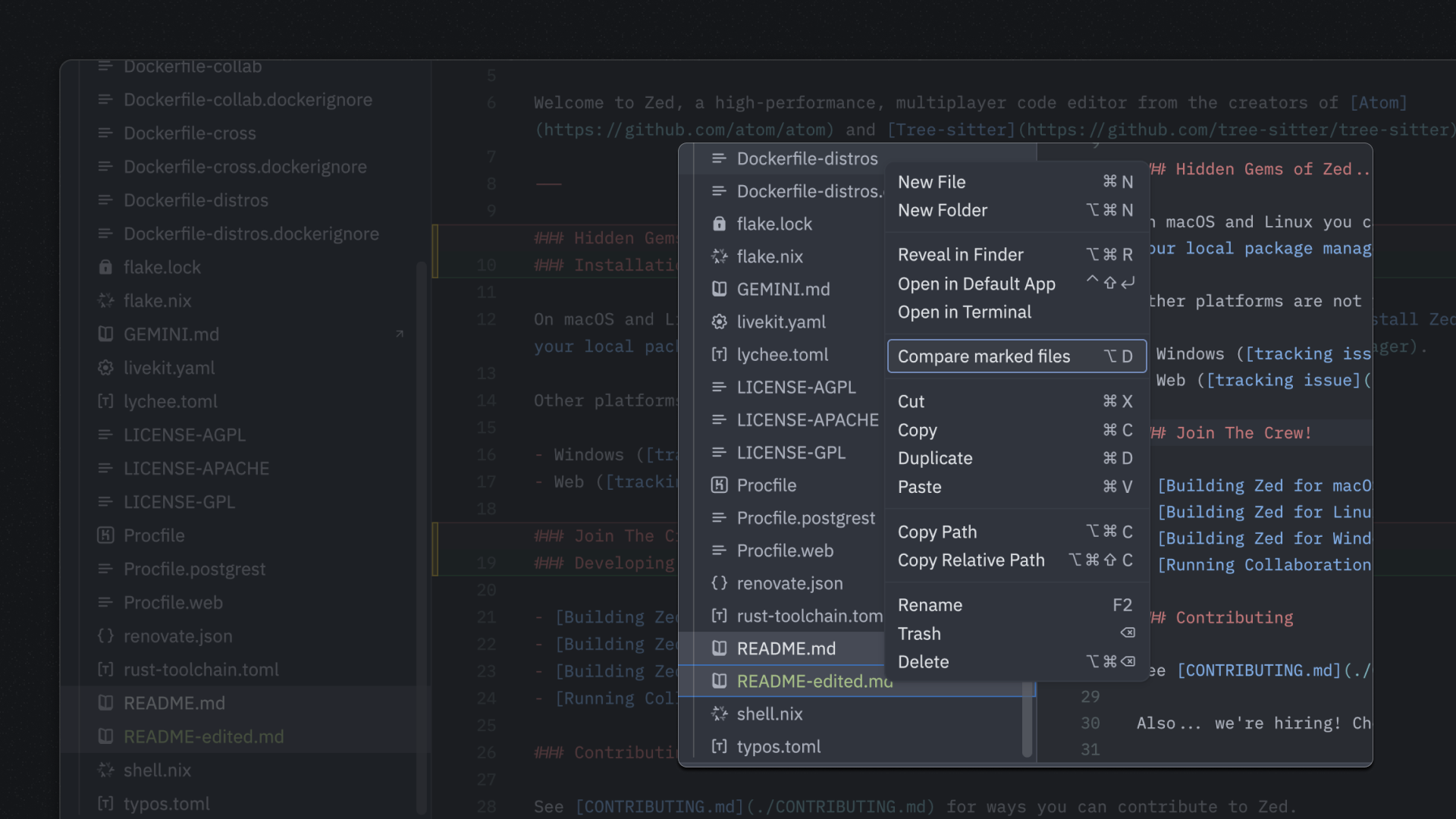 Zed's project panel context menu