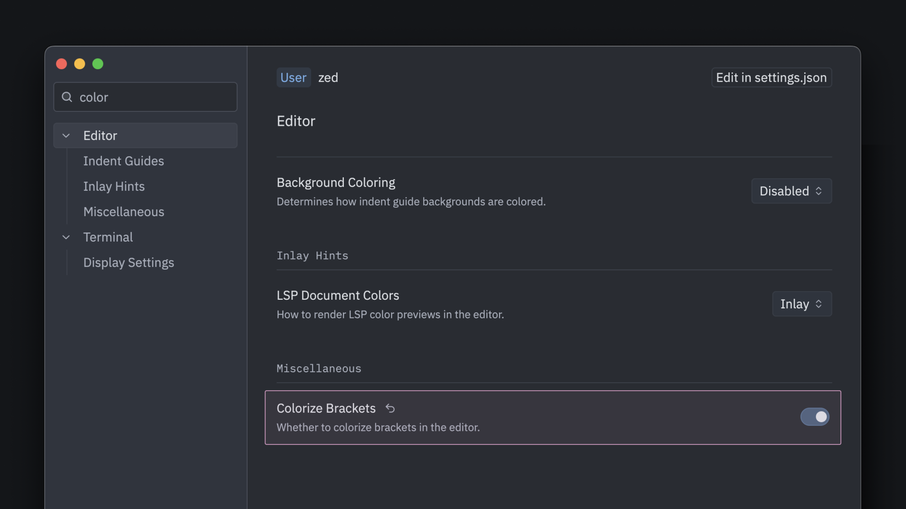 The Colorize Brackets setting in the Settings Editor.