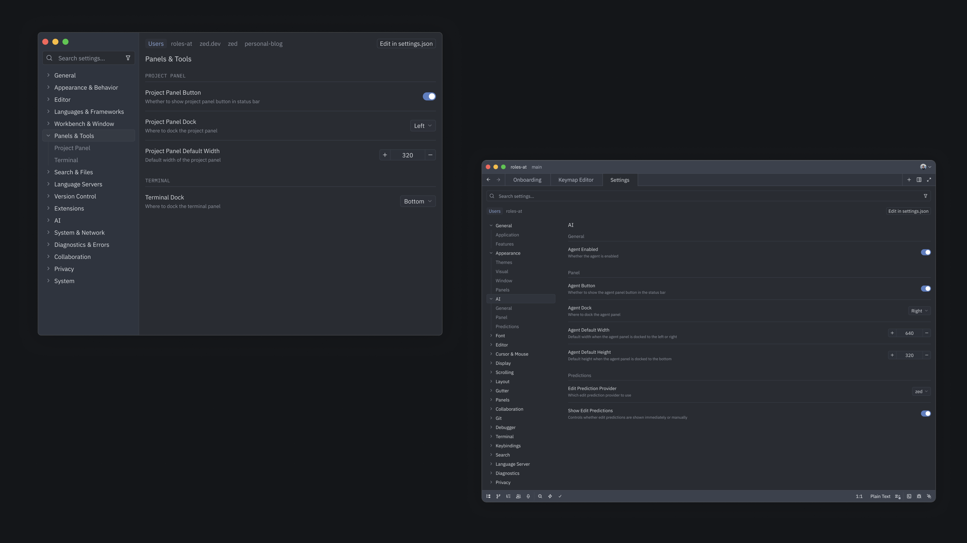 Designs for the Settings Editor: On the left, a separate window; on the right, a tab.