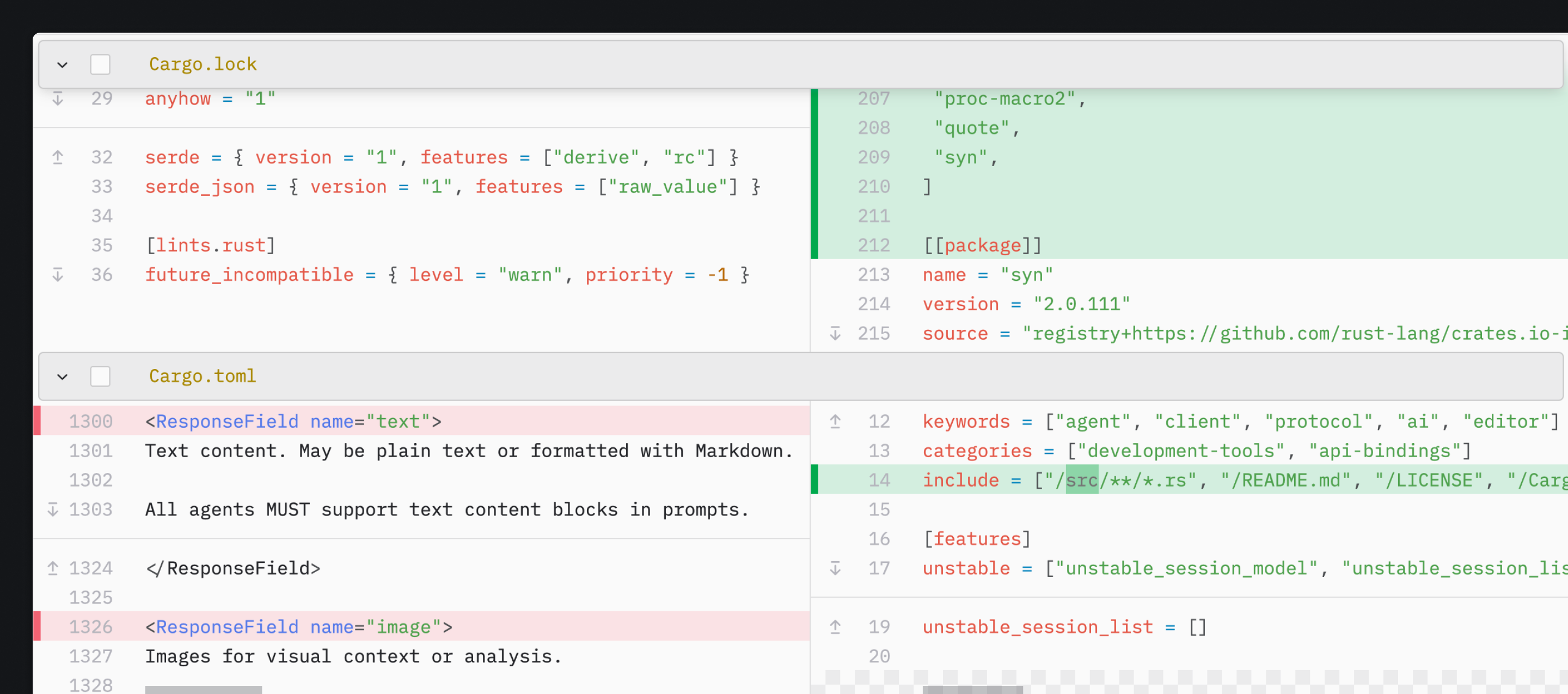 What it looks like when the two sides of the split diff are misaligned---file content appears under the wrong header!
