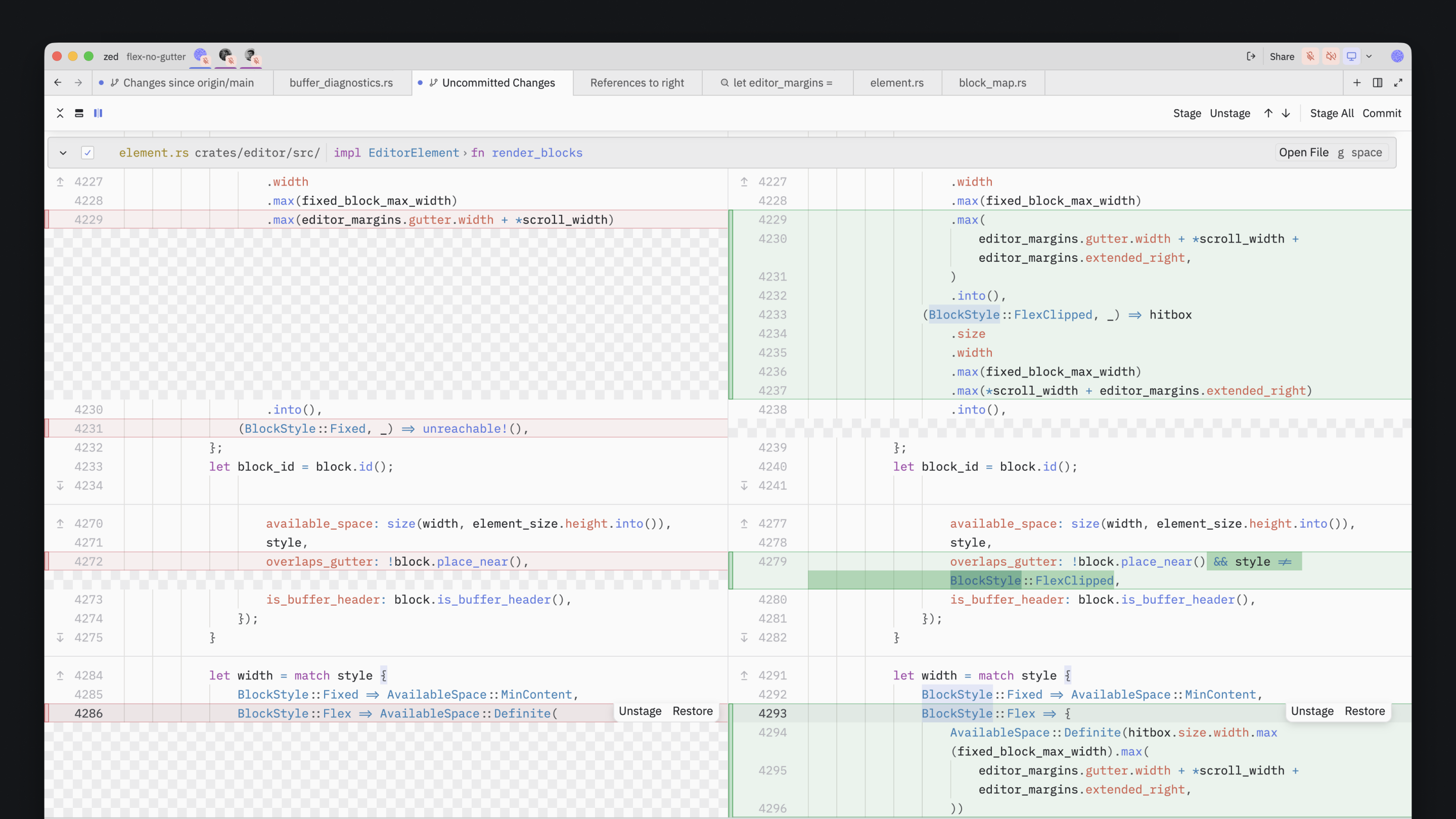 The split diff view in Zed, showing several changes in the project diff