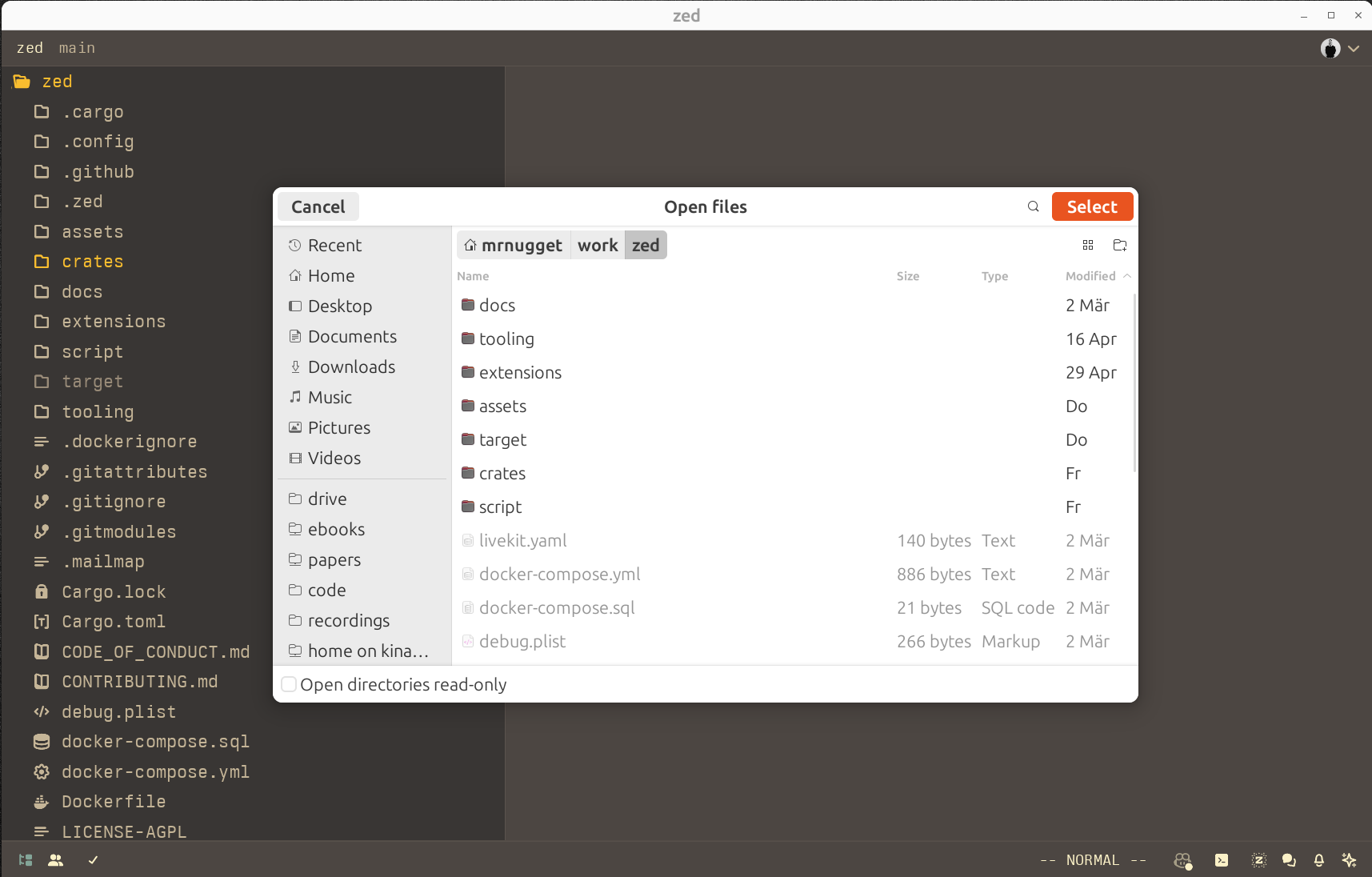 Screenshot of Zed on Linux, including a native file dialog