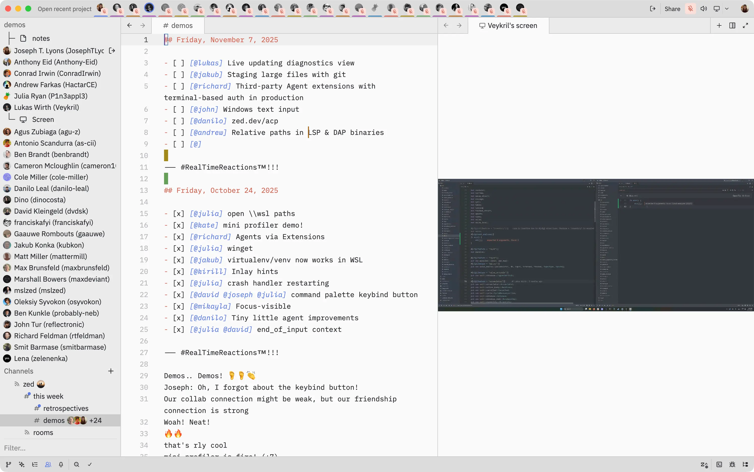 Lukas shares a feature in the Friday demos meeting