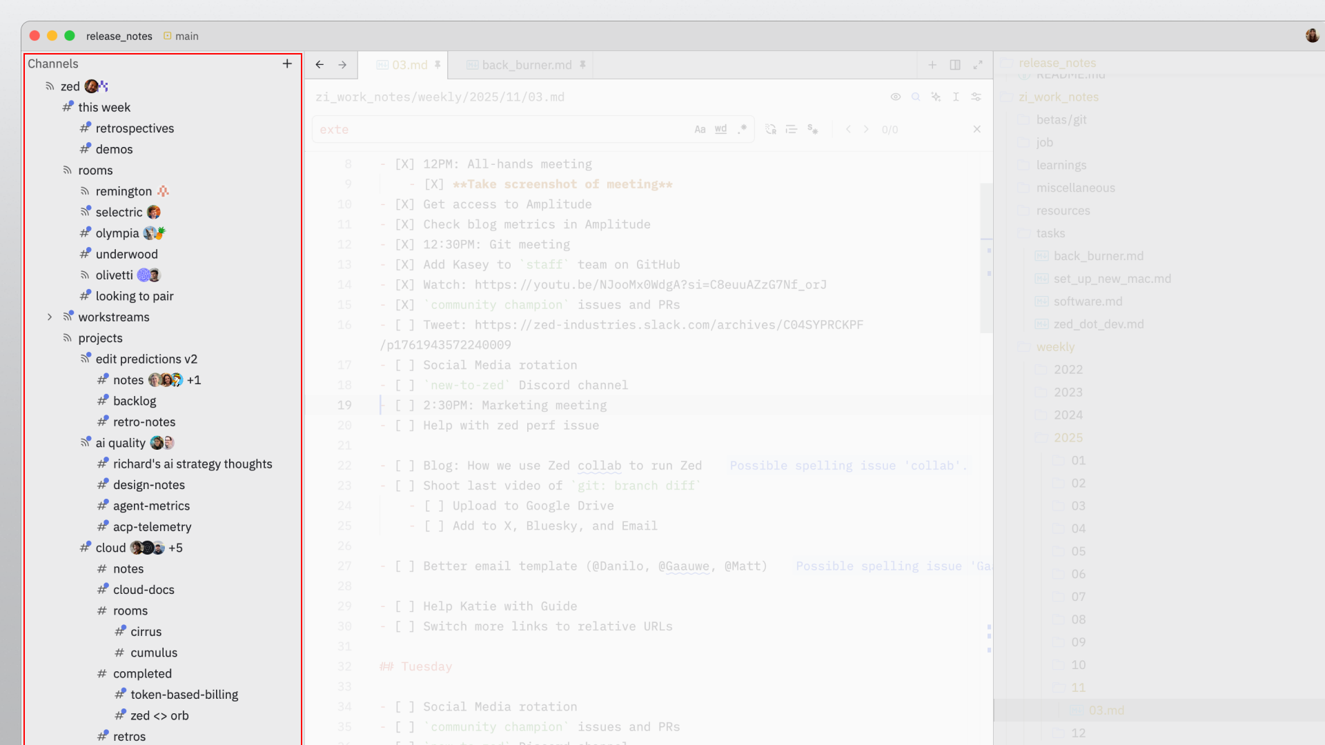 A sliver of Zed Industries' channel tree