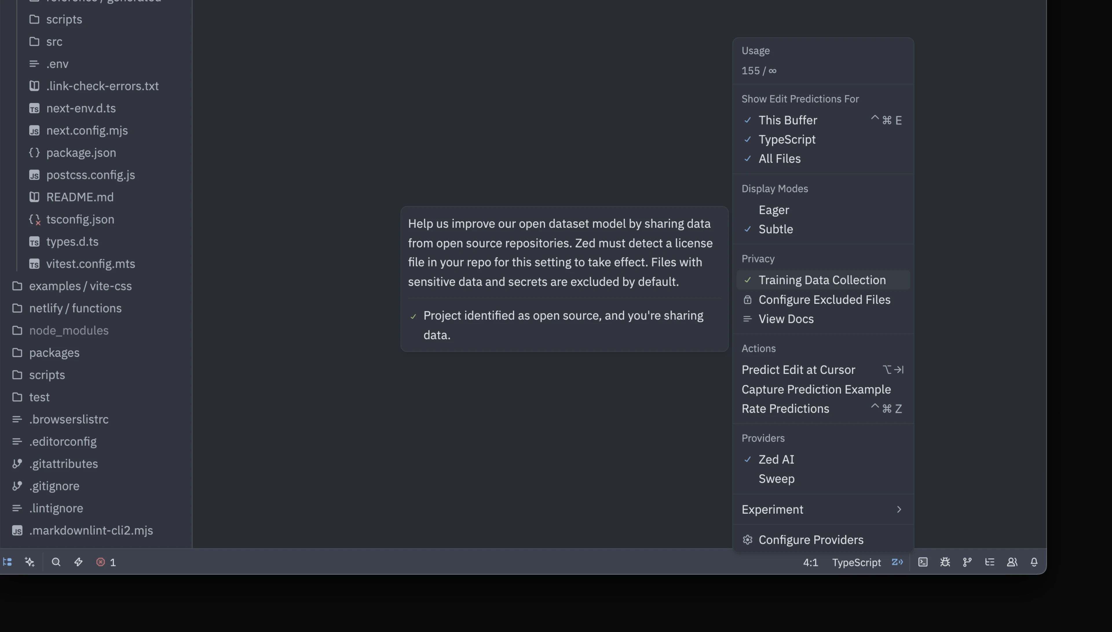 Enabling training data collection in the edit prediction status menu.